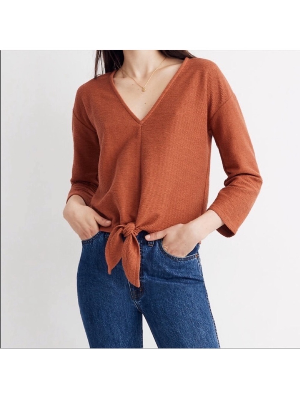 EUC Women’s MADEWELL TEXTURE & THREAD Rust Tie-Front Knit Top (XS)